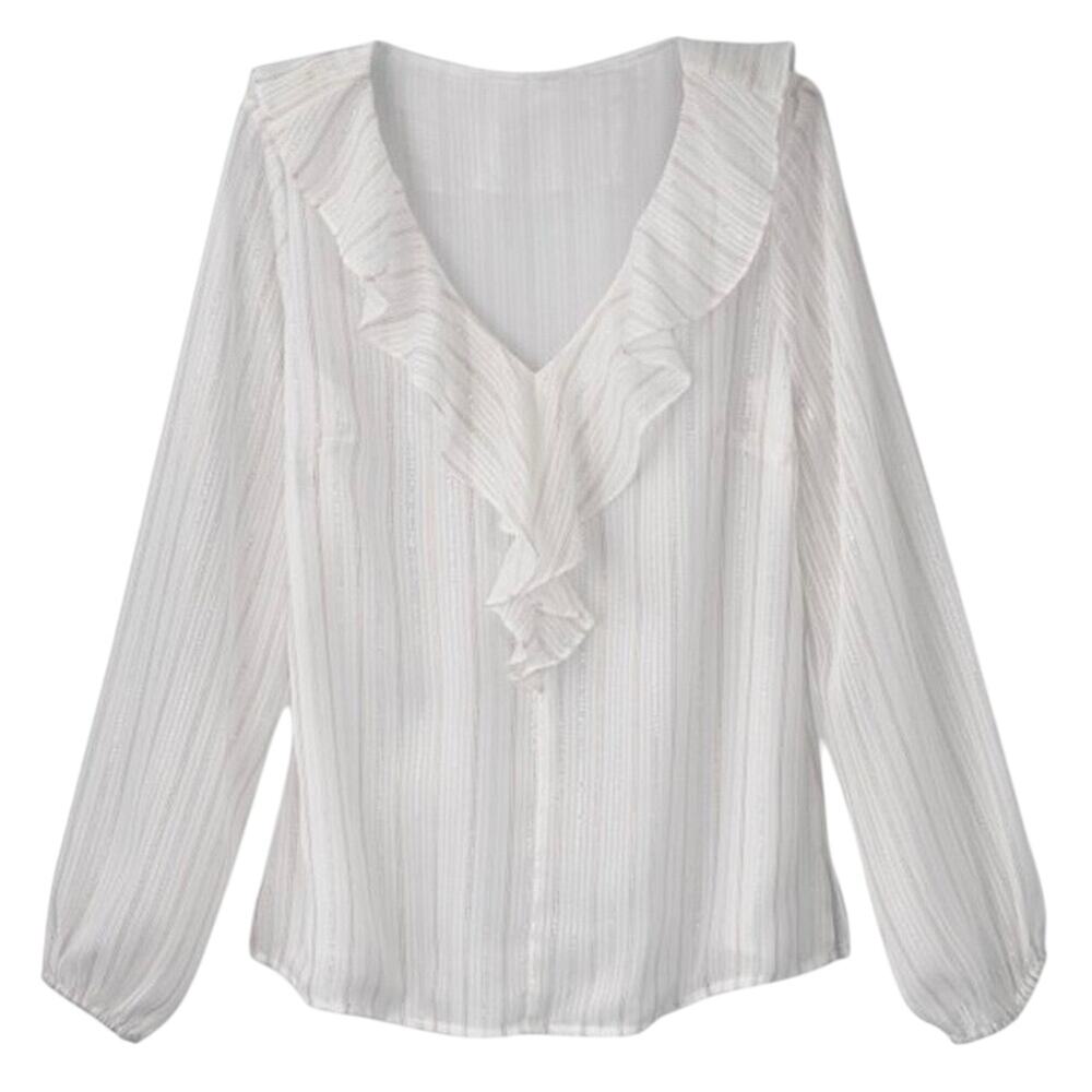 Soft Surroundings White Ruffled V-Neck Long-Sleeve Blouse - Picture 5 of 13